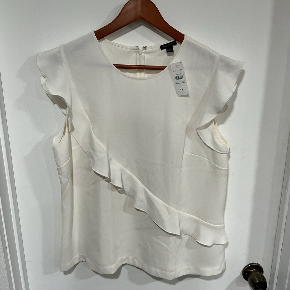 Ann Taylor Cream Blouse Shell Top, Ruffle, Size 14, NWT